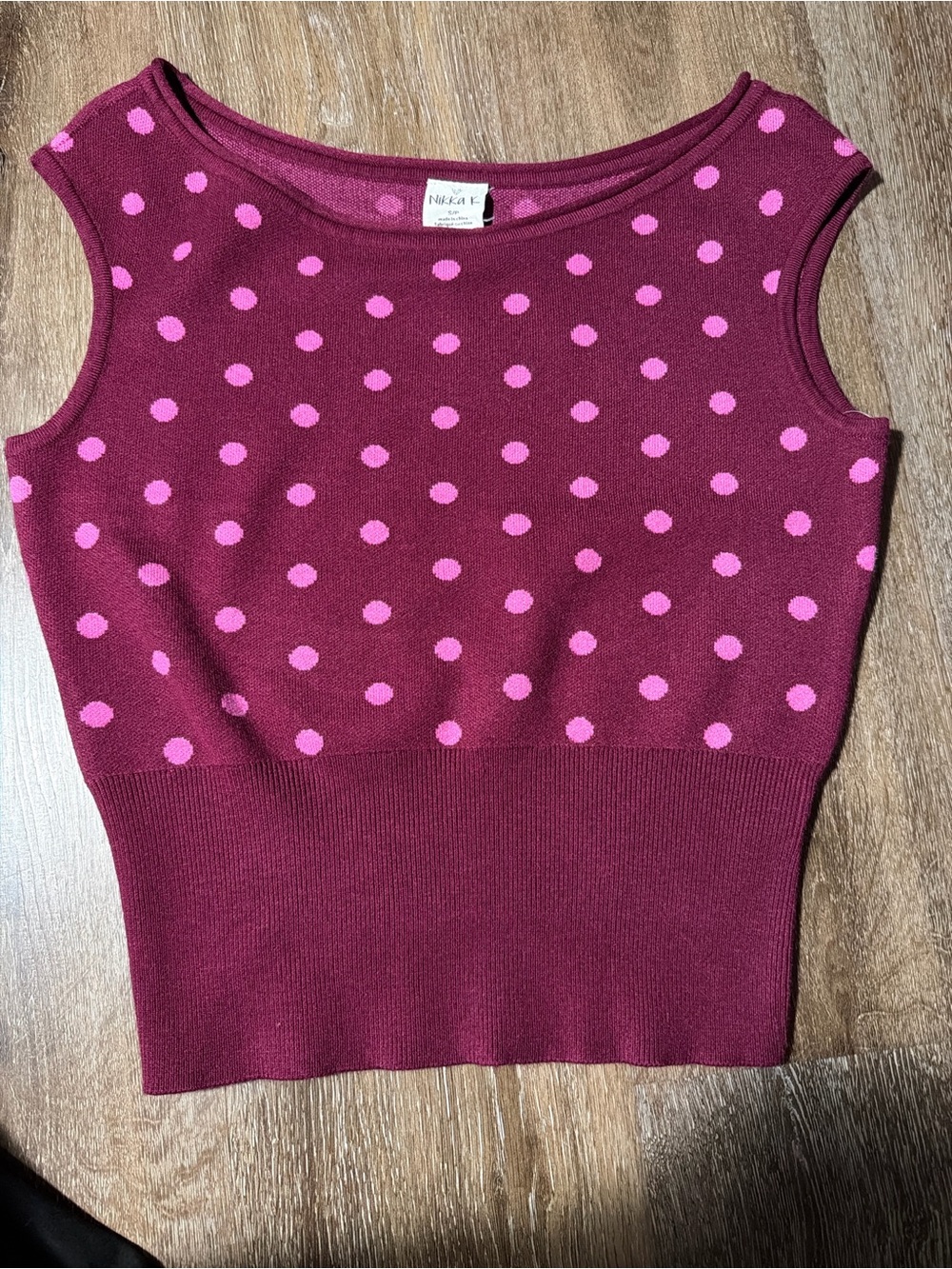 Sleeveless Polka Dot Knit Top in Wine with Pink Dots